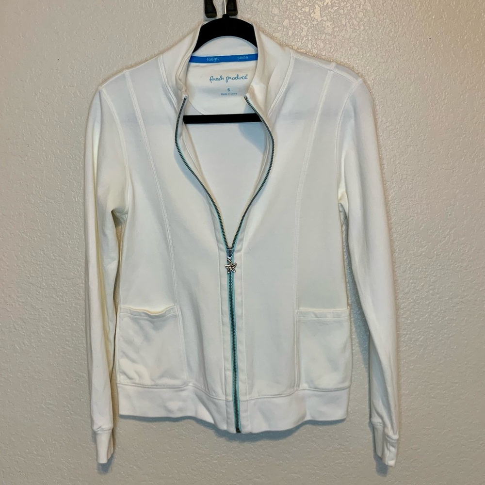 Fresh Produce Warm-Up Sweat Track Jacket Starfish Zipper Pull White Size Small - Picture 12 of 16